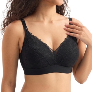 image:imageMomcozy Lace Nursing Bra for Breastfeeding Wirefree Maternity Bra with Fixed Padding Soft Deep V BraBlack