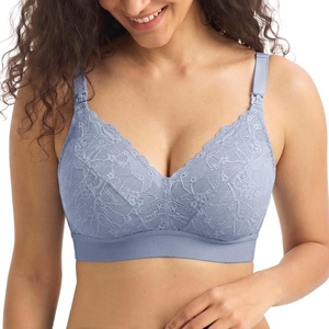 image:imageMomcozy Lace Nursing Bra for Breastfeeding Wirefree Maternity Bra with Fixed Padding Soft Deep V BraBluebell