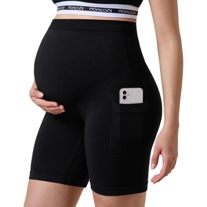 image:imageMomcozy Women Seamless Maternity Biker Shorts with Pocket 6 Over Belly High Waisted Pregnancy Yoga Shorts Casual ActivewearBlack